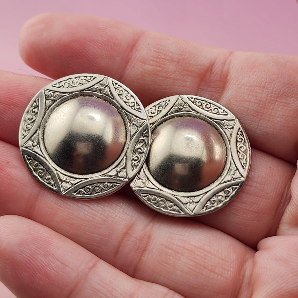 Silver Tone Domed Round Stud Earrings Ornate Scroll Floral Statement Chunky